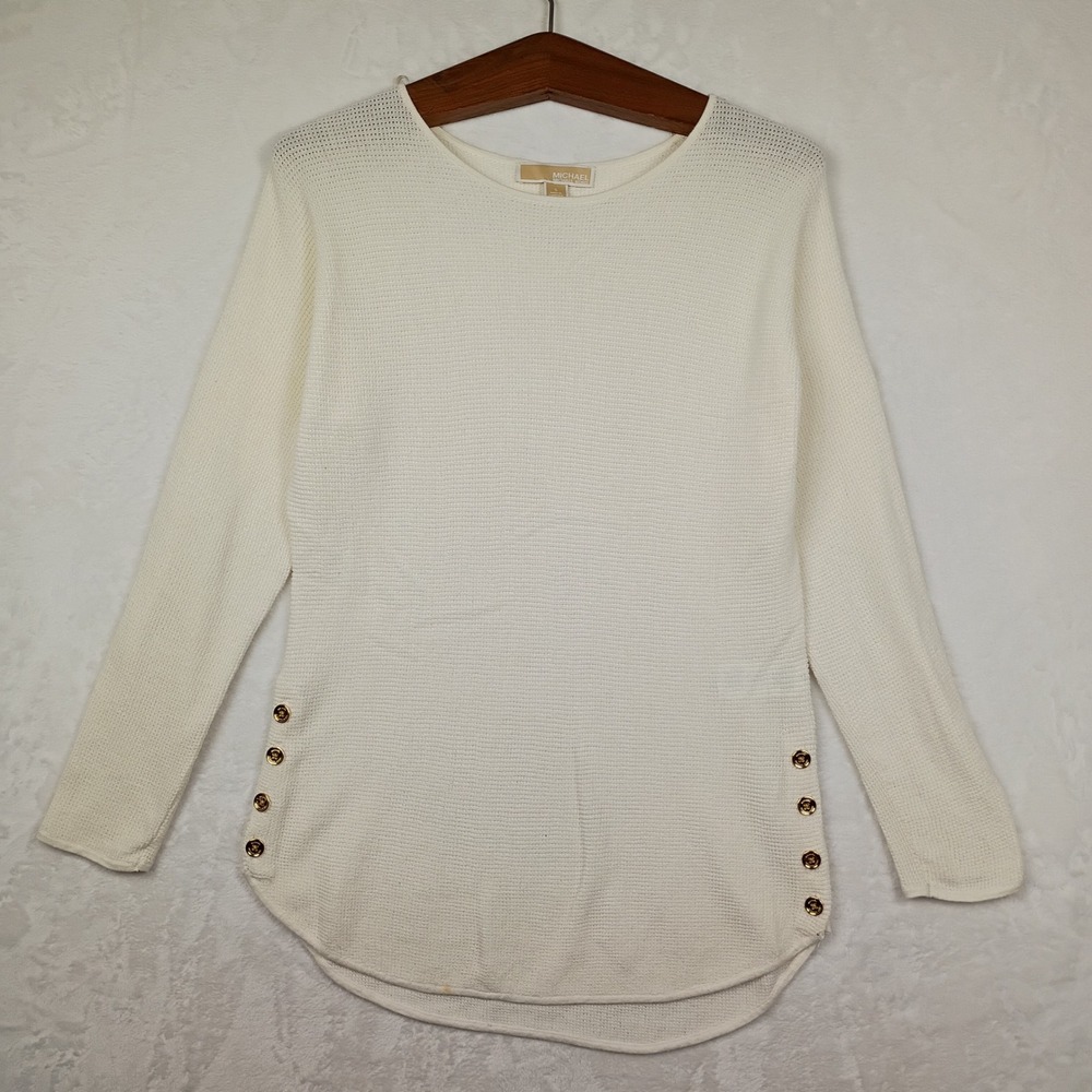 Michael Michael Kors Cream Waffle Knit Side Button Crew Neck Sweater Small